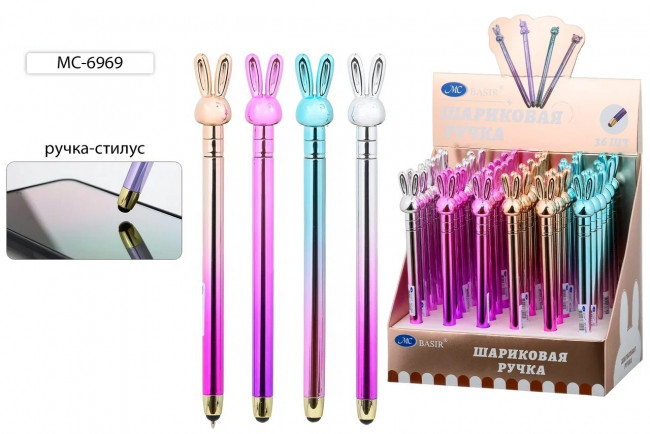 Ручка шариковая синяя "Зайчик" с поворотным механизмом+стилус, Basir/МС-6969 (36)