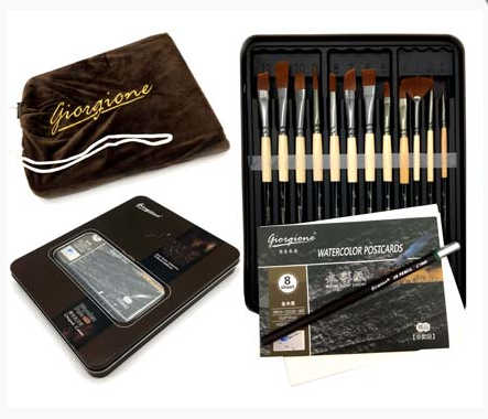 Кисти набор 12 шт. Синтетика QR-4 Круглые (№5/0, 4, 6, 8) и плоские (№1/2, 1/4, 2, 3/8), карандаш, 8 листов акварельной бумаги в металлическом пенале (1/6/24) Кисти набор 12 шт. Синтетика QR-4 Круглые (№5/0, 4, 6, 8) и плоские (№1/2, 1/4, 2, 3/8), карандаш, 8 листов акварельной бумаги в металлическом пенале (1/6/24)