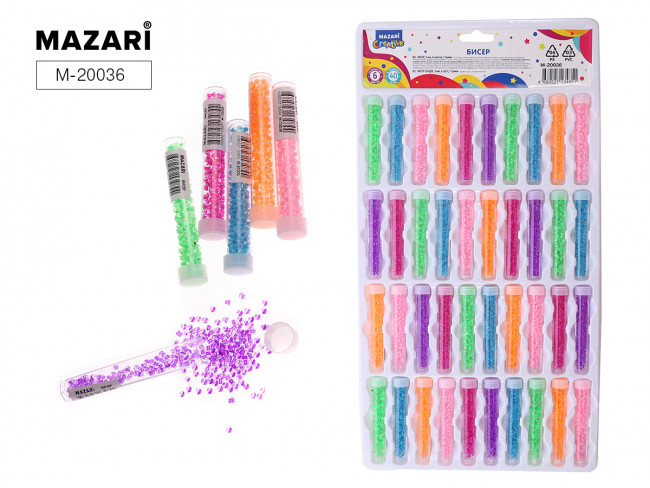 Бисер круглый 3 мм, 7 г, 6 цветов, пластиковая туба, Mazari