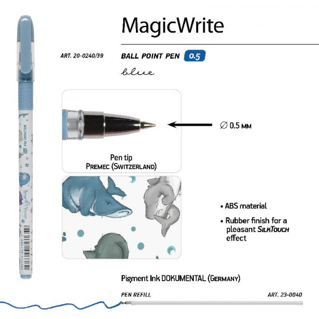 Ручка шариковая 0,5мм синяя "MagicWrite. Акулы", BV/20-0240/39 (24)