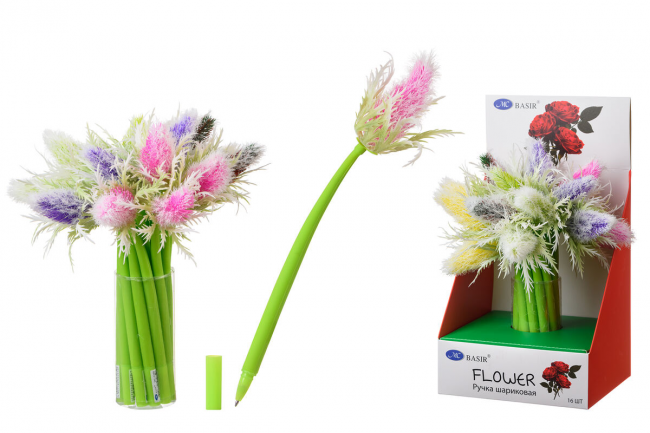 Шариковая ручка синяя "ЦВЕТЫ"; прорезиненный корпус зелёного цвета МС-5368 (16/384)