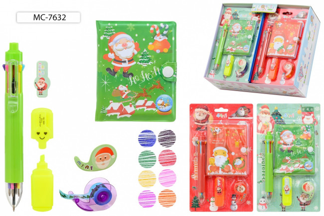 Набор подарочный "НОВОГОДНИЙ": блокнот 10,3*8см на кнопке + 8-ми цветная авторучка+ мини текстмаркер+диспенсер с детским скотчем, Basir/МС-7632