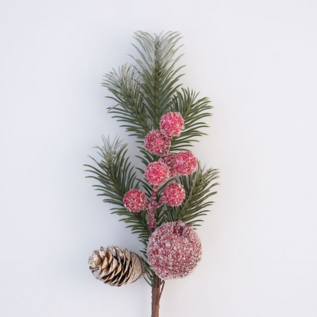 Ветка 38см хвойная в снегу с ягодами и шишкой, Микрос/ч46843