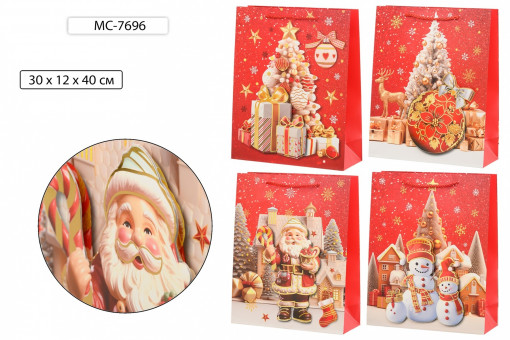 Подарочный пакет 30*12*40см "НОВЫЙ ГОД", плотный, с объёмным  рисунком, Basir/МС-7696 (20)