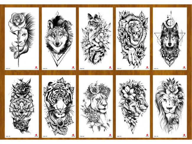 Татуировка-наклейка (11,4х21см) Животные ч/б микс 2 ( Арт. ТА-1759), кратно 10, цена за единицу