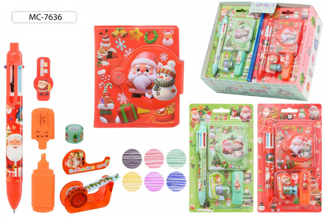 Набор подарочный канцелярский "НОВОГОДНИЙ"- блокнот на кнопке+ 6-ти цветная авторучка+мини + текстмаркер+диспенсер с скотчем. Basir/МС-7636 (12)