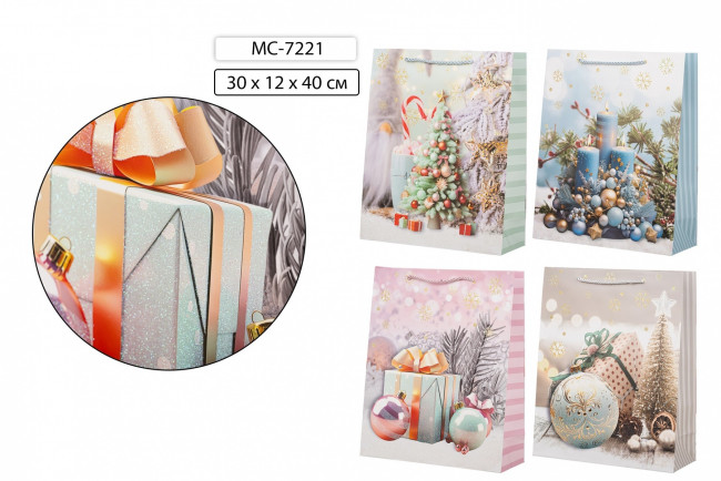Подарочный пакет 30*12*40 см "Новогодний декор", плотный, с блёстками, Basir/МС-7221 (20)