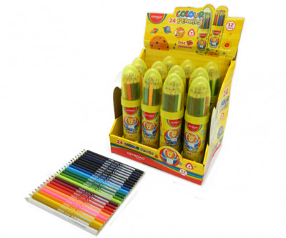 Карандаши 24 цв.  KEYROAD "Ракета" 3х-гр, деревянные, заточенные, с точилкой, в металлическом тубусе KR972229 (1/12/72)