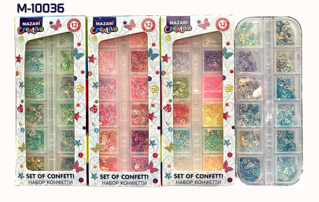 Набор конфетти, 12 цветов, пластиковая коробка (ш-5,5см,в-13см), 11 видов в ассортименте. Mazari/M-10035
