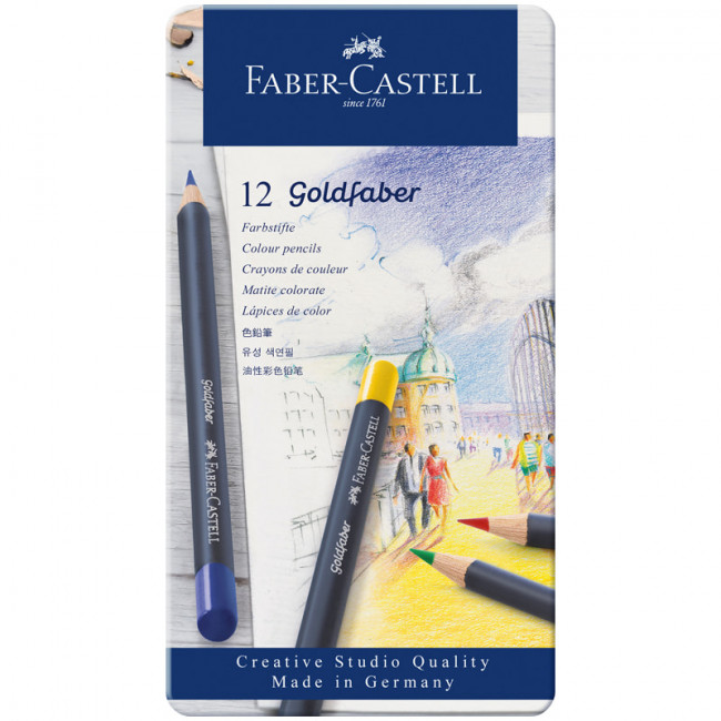 Карандаши цветные Faber-Castell "Goldfaber" 12цв., круглые, заточен., метал. коробка Карандаши цветные Faber-Castell "Goldfaber" 12цв., круглые, заточен., метал. коробка