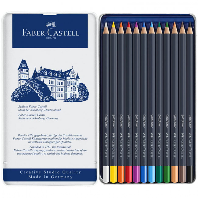 Карандаши цветные Faber-Castell "Goldfaber" 12цв., круглые, заточен., метал. коробка Карандаши цветные Faber-Castell "Goldfaber" 12цв., круглые, заточен., метал. коробка