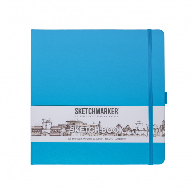 Блокнот для зарисовок 140г/кв.м 20*20см 80л, твердая обложка, синий неон, Sketchmarker/23148015SM