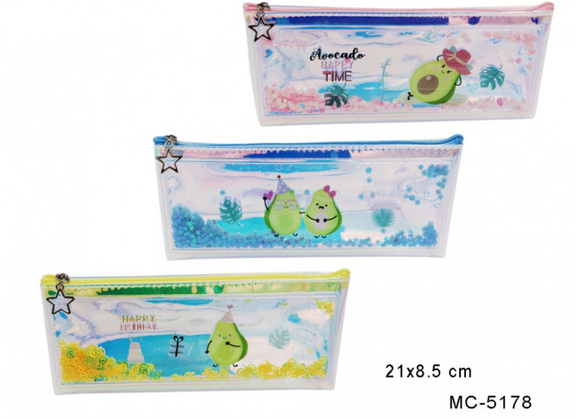 Пенал-косметичка: "АВОКАДО"; из синтетического материала с плавающими цветными пайетками, полупрозрачный (гладкий, перламутровый), на молнии, с рисунком /ассорти/, в пластиковой упаковке; размер 21*8,5 см. Пенал-косметичка: "АВОКАДО"; из синтетического материала с плавающими цветными пайетками, полупрозрачный (гладкий, перламутровый), на молнии, с рисунком /ассорти/, в пластиковой упаковке; размер 21*8,5 см.