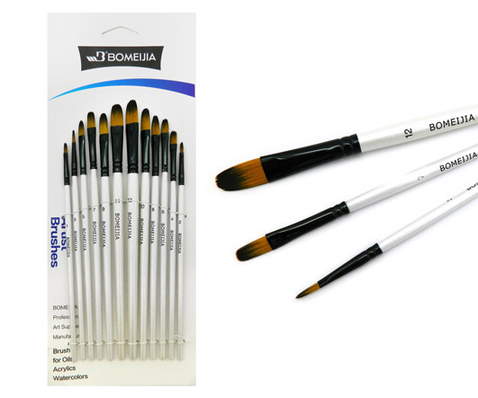 Кисти набор 12 шт. синтетика, плоские овальные (№1,2,3,4,5,6,7,8,9,10,11,12) белая ручка,CH-175 (1/1/240)