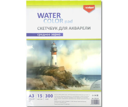 Скетчбук А3  15л.  DD-219 INTELLIGENT  Акварельная бумага, среднезернистая, 300 гр/м, 420х297мм, склейка, в ПВХ-пакете (1/40)