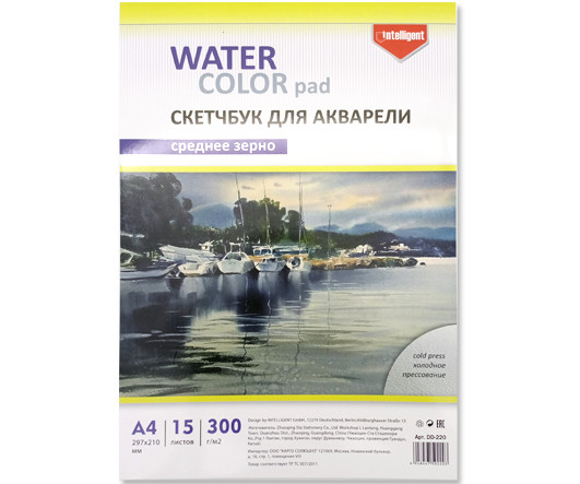 Скетчбук А4  15л.  DD-220 INTELLIGENT Акварельная бумага, среднезернистая, 300 гр/м, 297х210мм, склейка, в ПВХ-пакете(1/80)