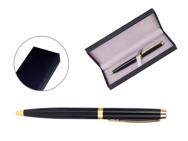 Ручка шариковая с поворотным механизмом YORK BG в подарочной упаковке , СИНЯЯ, чернила на масляной основе, пулевидный пиш. узел 0.7 мм, черный металлический корпус с золотистыми деталями, сменный стержень 97 мм типа Parker