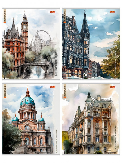 Тетрадь А5 96 линия "Города в акварели", скрепка, Remix/96-9533 (6/48)
