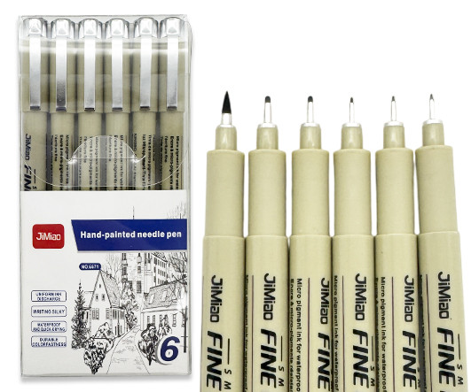 Линеры 6 шт. DK-106 черные (0.05, 0.1, 0.3, 0.6, 0.8, кисть) серый круглый корпус, с клипом, уп ПВХ №6571 (1/27/243)