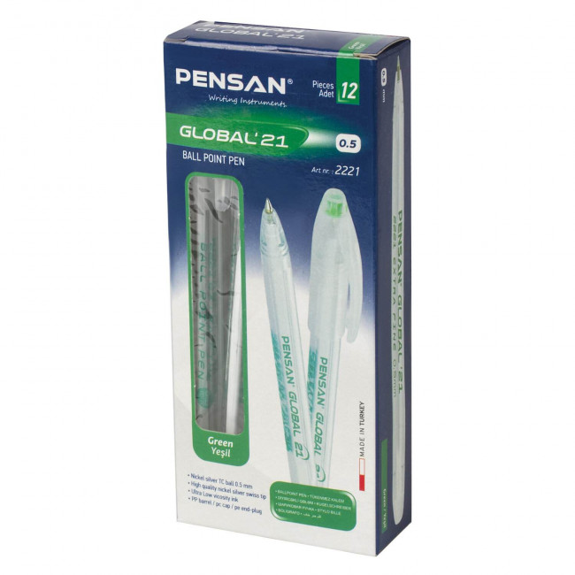 Ручка шариковая зеленая 0,5мм "GLOBAL", на масляной основе, PENSAN/2221к (12)