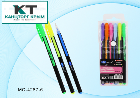 Набор гелевых ручек: ароматизированные, неон; чёрный пластиковый корпус с цветной вставкой, цветной колпачок /в цвет чернил/, упаковка с европодвесом, толщина пишущего наконечника 1,0mm, 6 цветов.