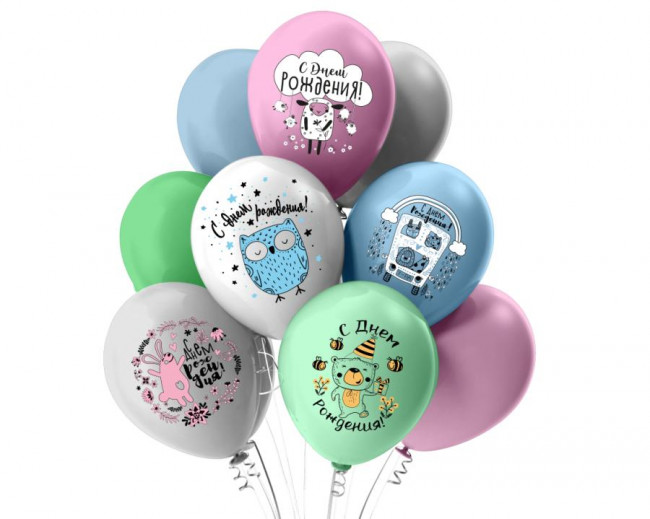 Шар12'' Пастель шелк рис. 1ст. 2цв. СДР Лесная сказка! 5 дизайнов (25 шт./уп.) /БК